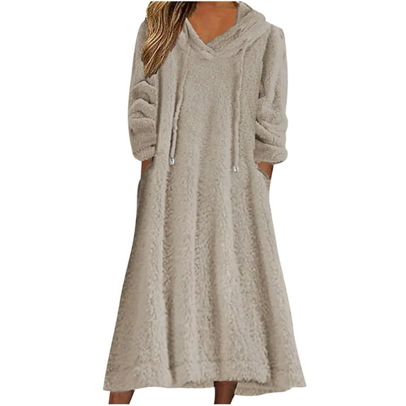 qelini Fleece Dresses for Women Long Sleeve Solid Hooded Full Length Dress Oversized Casual Dresses with Pockets