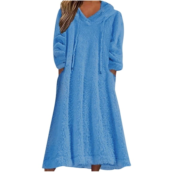 qelini Fleece Dresses for Women Long Sleeve Solid Hooded Full Length Dress Oversized Casual Dresses with Pockets