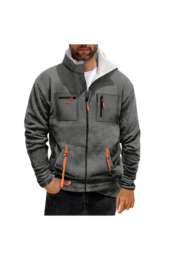 Fleece Jacket for Men Long Sleeve Collared Coats Solid Zip up Jackets Dressy Casual Outerwear with Pockets