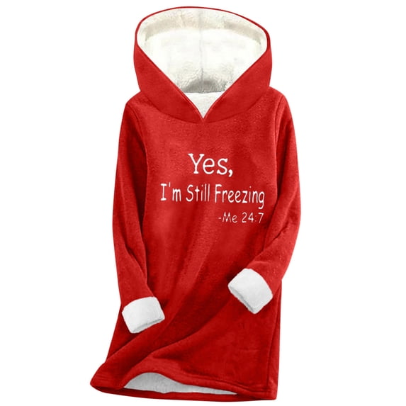qelini Fleece Lined Hoodies for Women Plus Size Sayings Letter Print Hooded Pullover Long Sleeve Tops Thermal Warm Clothes