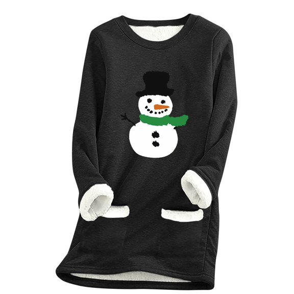 qelini Fleece Lined Sweatshirts for Women Snowman Print Crewneck Pullover Long Sleeve Tunic Tops Thermal Warm Blouses