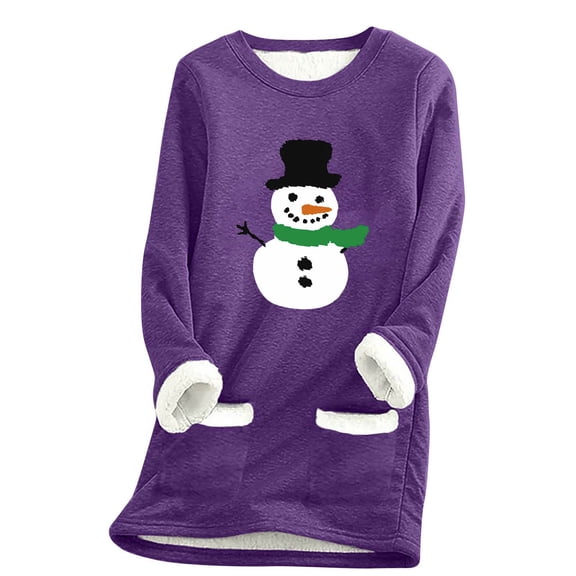 qelini Fleece Lined Sweatshirts for Women Snowman Print Crewneck Pullover Long Sleeve Tunic Tops Thermal Warm Blouses