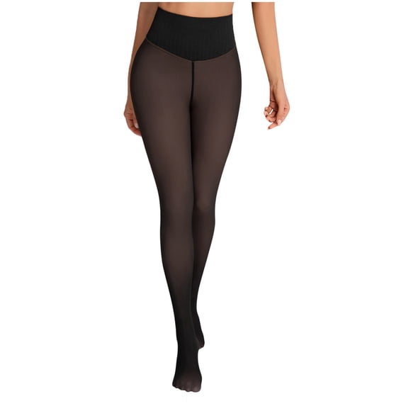 qelini Fleece Lined Tights Women Elastic Waist Fake Translucent Warm Pantyhose Stretch Thermal Leggings