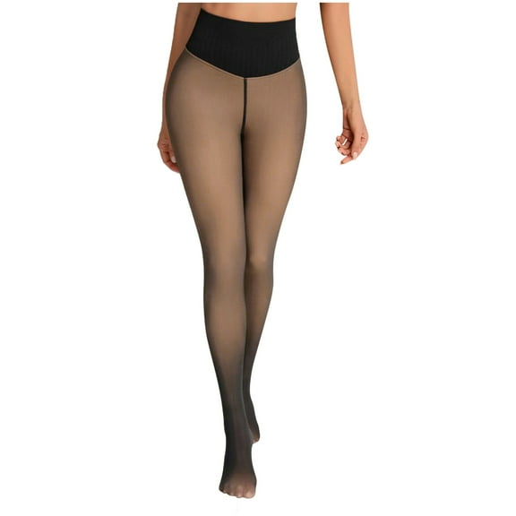qelini Fleece Lined Tights Women Elastic Waist Fake Translucent Warm Pantyhose Stretch Thermal Leggings