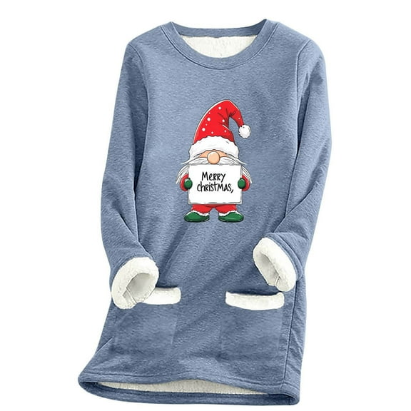 qelini Fleece Sweatshirts for Women Dwarf Print Crewneck Pullover Long Sleeve Tunic Tops Thermal Warm Blouses