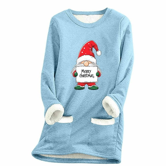qelini Fleece Sweatshirts for Women Dwarf Print Crewneck Pullover Long Sleeve Tunic Tops Thermal Warm Blouses