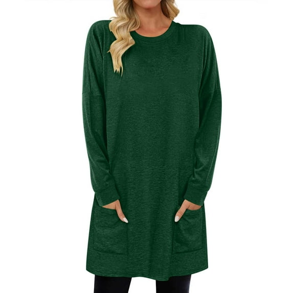 qelini Fleece Sweatshirts for Women Solid Crewneck Pullover Long Sleeve Tunic Tops Thermal Warm Holiday Blouses