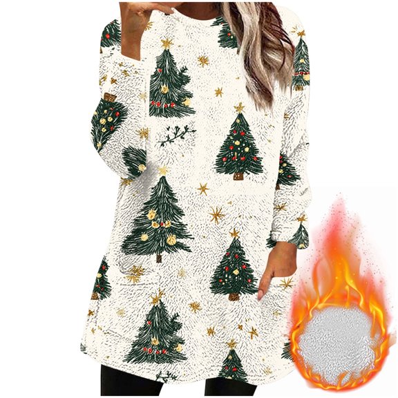 qelini Fleece Sweatshirts for Women Xmas Tree Print Crewneck Pullover Christmas Long Sleeve Tunic Tops Thermal Warm Blouses