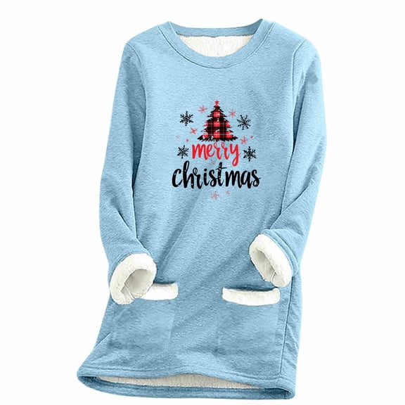 qelini Fleece Womens Sweatshirts Merry Christmas Print Crewneck Pullover Long Sleeve Tunic Tops Thermal Warm Blouses
