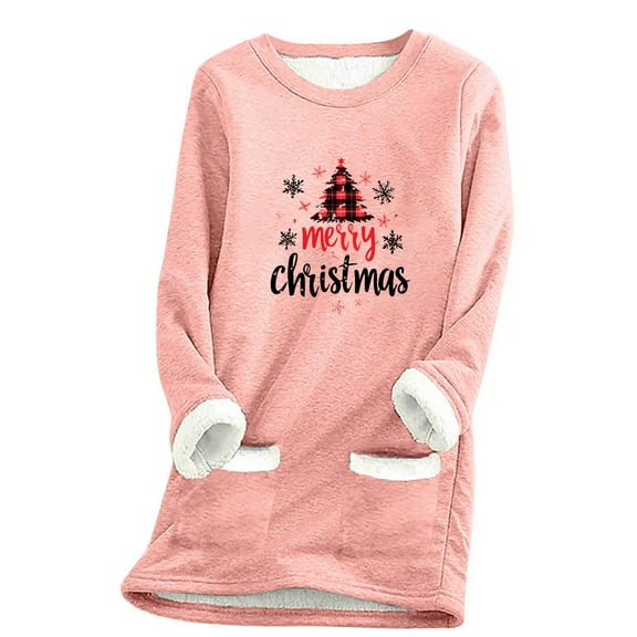 qelini Fleece Womens Sweatshirts Merry Christmas Print Crewneck Pullover Long Sleeve Tunic Tops Thermal Warm Blouses