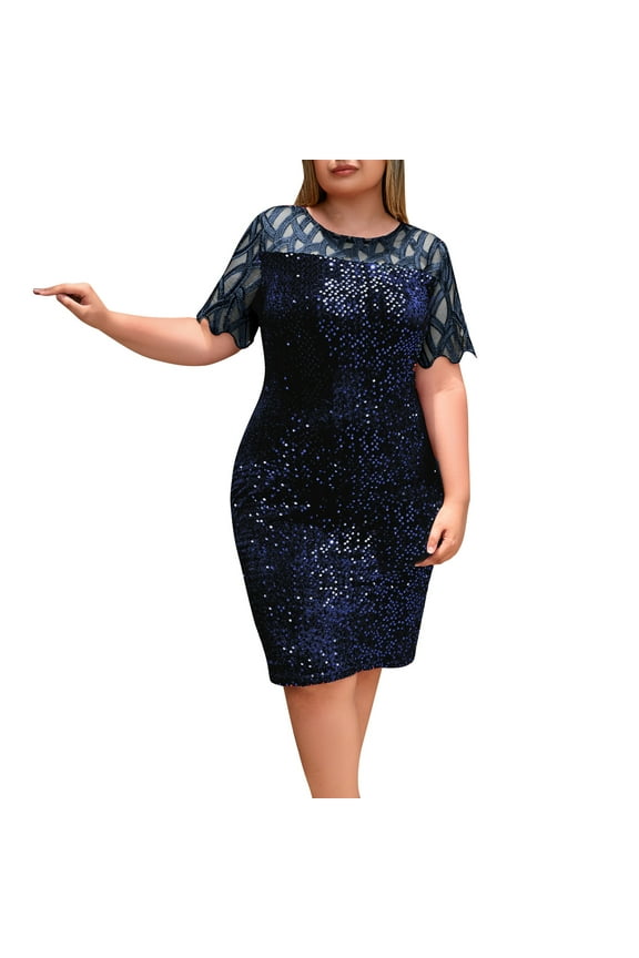 Formal Dresses for Women Plus Size Sequined Spring Short Sleeve Round Neck Cape A Line Dresses Elegant Evening Party Wedding Guest Solid Color Pencil Dress Navy XXXXXL