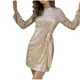 thumbnail image 1 of qelini Formal Sequin Dresses for Women Long Sleeve Shiny Crewneck Tie Waist Backless Cocktail Gowns Elegant Party Dresses, 1 of 8