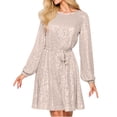 thumbnail image 1 of qelini Formal Sequin Dresses for Women Long Sleeve Shiny Crewneck Tie Waist Cocktail Gowns Stylish Elegant Party Dresses, 1 of 8