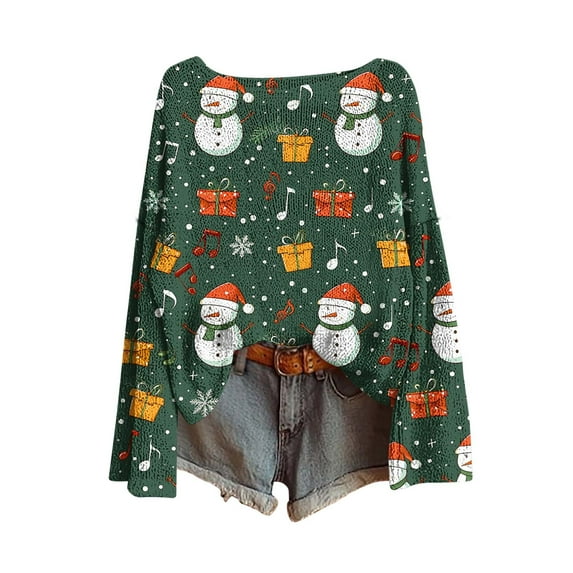 qelini Funny Christmas Shirts for Women Snowman Print Crewneck Pullover Ribbed Long Sleeve Tunic Tops Casual Holiday Blouses