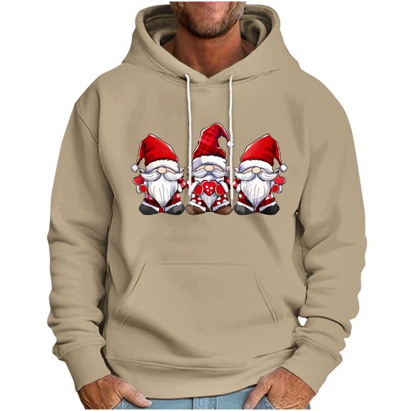 qelini Funny Hoodies for Men Christmas Long Sleeve Pullover Dwarf Print Drawstring Hooded Sweatshirts Holiday Tops