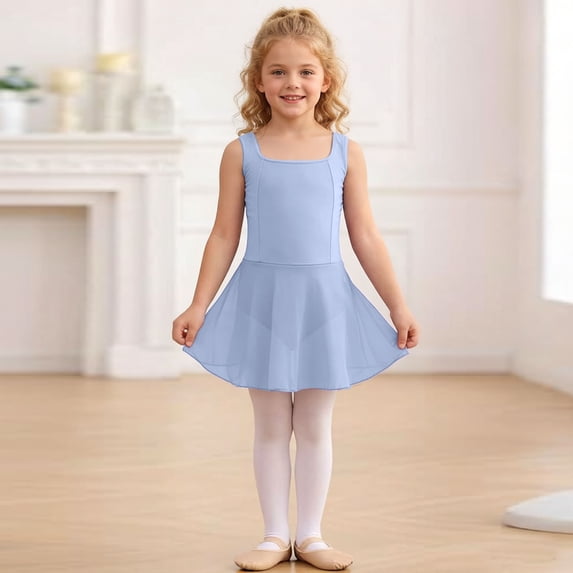 qelini Girl Ballet Leotard Dress 3-15Years Mid-Length Dresses Square Neck Sleeveless A-line Dress Solid Color Dress