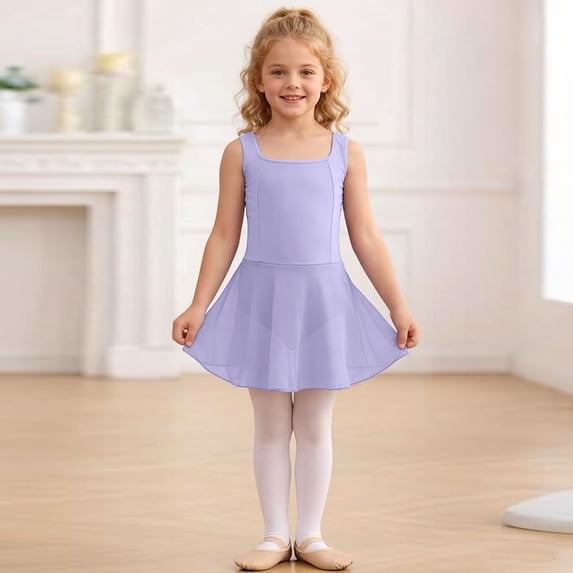 qelini Girl Ballet Leotard Dress 3-15Years Mid-Length Dresses Square Neck Sleeveless A-line Dress Solid Color Dress
