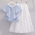 thumbnail image 1 of qelini Girls 2 Piece Outfit 8-16Years Mock Layer Short Sleeve Top with White Skirt Casual Summer for Teens Solid Color Summer Wear, 1 of 8