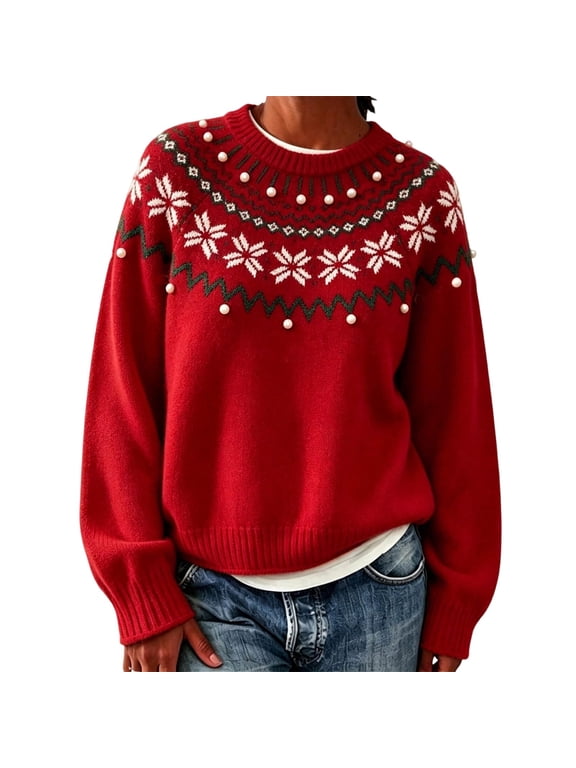 Pullover Sweaters for Women Plus Size Long Sleeve Crew Neck Sweatershirt Christmas Print Casual Warm Outerwear