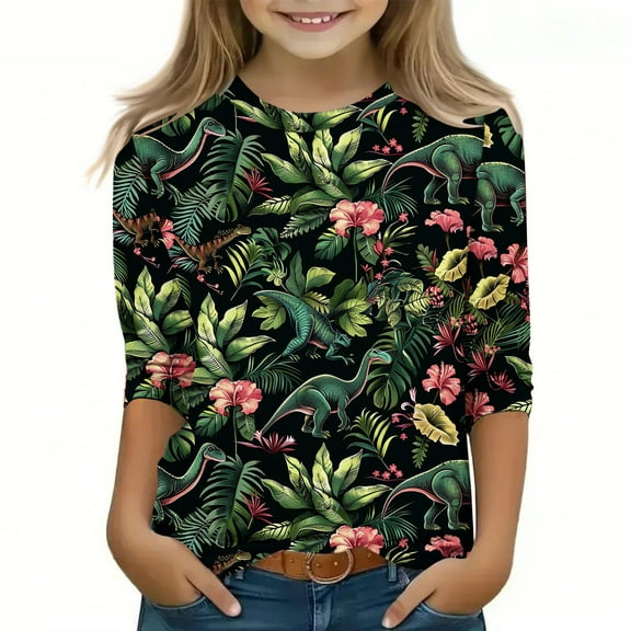 Riecok Girls Long Sleeve T Shirts Breathable Lightweight Round Neck T-shirts Tee Loose Casual Pullover Sweatshirts Fashion Cute Graphic Printing Tops Multicolor 130