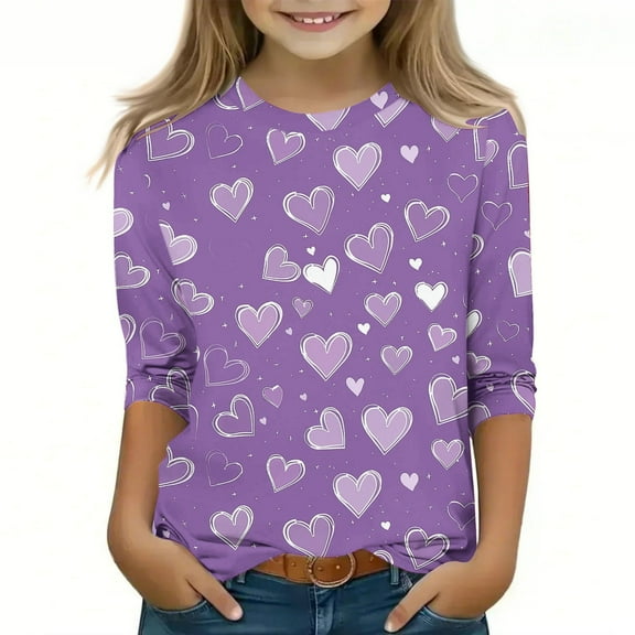 qelini Girls Long Sleeve T Shirts Breathable Lightweight Round Neck T-shirts Tee Loose Casual Pullover Sweatshirts Fashion Cute Graphic Printing Tops Multicolor 120