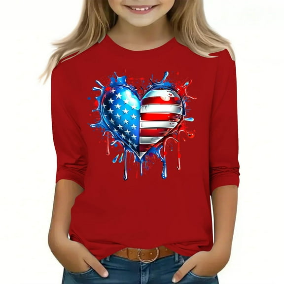 Riecok Girls Long Sleeve T Shirts Breathable Lightweight Round Neck T-shirts Tee Loose Casual Pullover Sweatshirts Fashion Cute Graphic Printing Tops Red 130