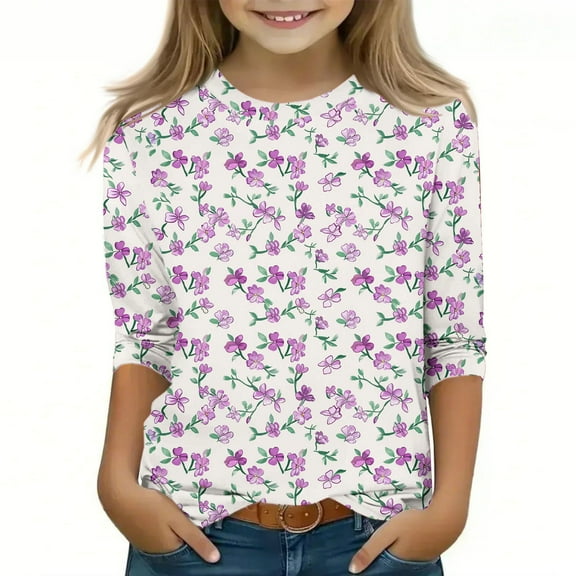 qelini Girls Long Sleeve T Shirts Breathable Lightweight Round Neck T-shirts Tee Loose Casual Pullover Sweatshirts Fashion Cute Graphic Printing Tops Multicolor 120