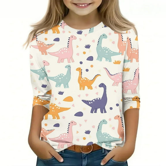 Riecok Girls Long Sleeve T Shirts Breathable Lightweight Round Neck T-shirts Tee Loose Casual Pullover Sweatshirts Fashion Cute Graphic Printing Tops Multicolor 150