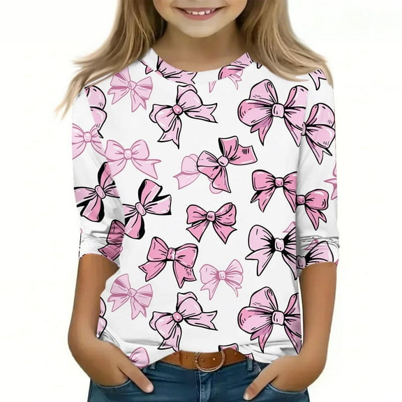 qelini Girls Long Sleeve T Shirts Breathable Lightweight Round Neck T-shirts Tee Loose Casual Pullover Sweatshirts Fashion Cute Graphic Printing Tops Multicolor 150