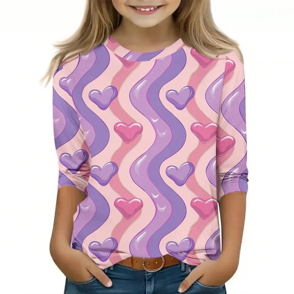 qelini Girls Long Sleeve T Shirts Breathable Lightweight Round Neck T-shirts Tee Loose Casual Pullover Sweatshirts Fashion Cute Graphic Printing Tops Multicolor 150