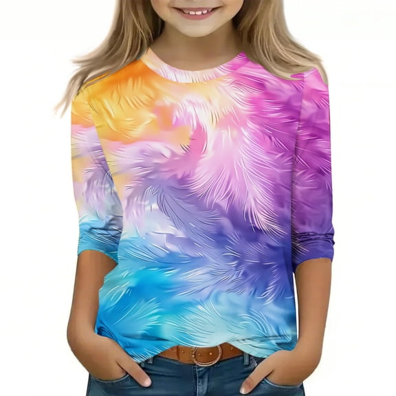 Riecok Girls Long Sleeve T Shirts Breathable Lightweight Round Neck T-shirts Tee Loose Casual Pullover Sweatshirts Fashion Cute Graphic Printing Tops Multicolor 160