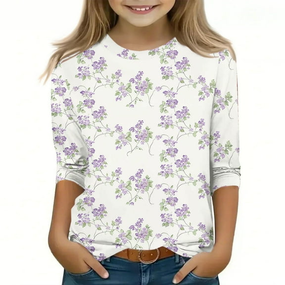 Riecok Girls Long Sleeve T Shirts Breathable Lightweight Round Neck T-shirts Tee Loose Casual Pullover Sweatshirts Fashion Cute Graphic Printing Tops Multicolor 150