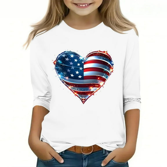 Riecok Girls Long Sleeve T Shirts Breathable Lightweight Round Neck T-shirts Tee Loose Casual Pullover Sweatshirts Fashion Cute Graphic Printing Tops White 120