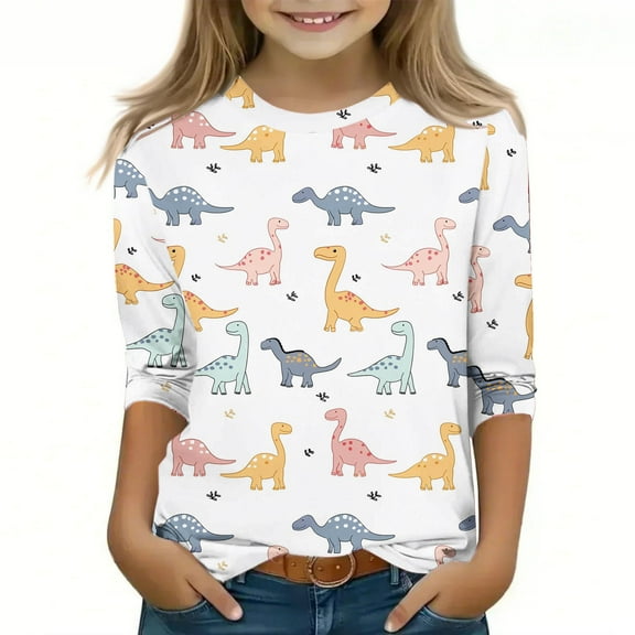 Riecok Girls Long Sleeve T Shirts Breathable Lightweight Round Neck T-shirts Tee Loose Casual Pullover Sweatshirts Fashion Cute Graphic Printing Tops Multicolor 130