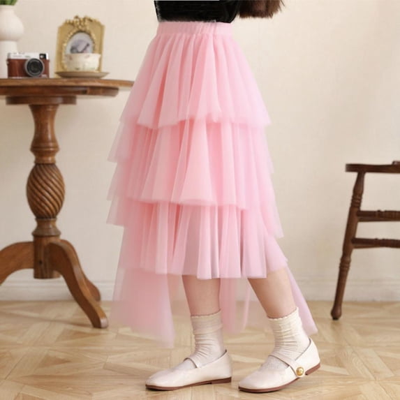 qelini Girls Tulle Skirt Mesh Maxi Skirt Elastic High Waist Tiered Skirt Solid Color Skirt for Ages 3-14