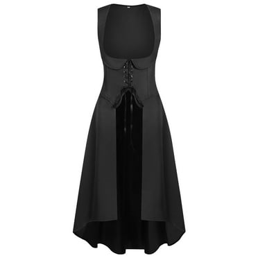 qelini Gothic Dresses for Women Hollween Gothic Medieval Victorian Short Sleeved Dress Renaissance Witch Role Play Elegant Cocktail Dress Black L