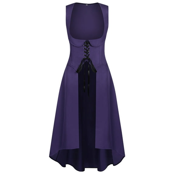 qelini Gothic Dresses for Women Hollween Gothic Medieval Victorian Short Sleeved Dress Renaissance Witch Role Play Elegant Cocktail Dress Purple M