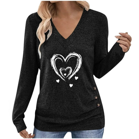 qelini Graphic Tee Shirts for Women Long Sleeve Heart Printed Pullover Tops V Neck Tunic Loose Casual Blouses