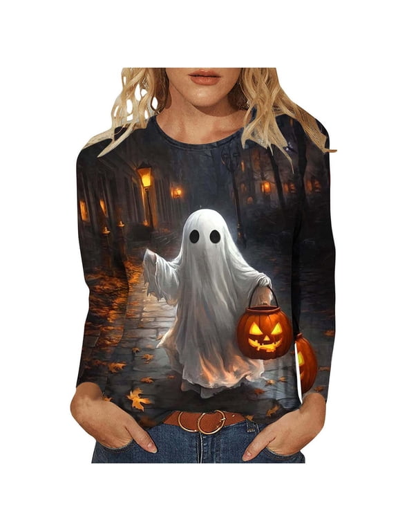Halloween Blouses for Women Plus Size Pumpkin Tees Sweatershirts Long Sleeve Crew Neck Fall Winter Tops