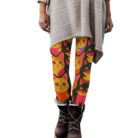 qelini Halloween Cat Leggings for Women Plus Size Elastic Waist Long Pants Halloween Print Stretch Pants for Fitness Running