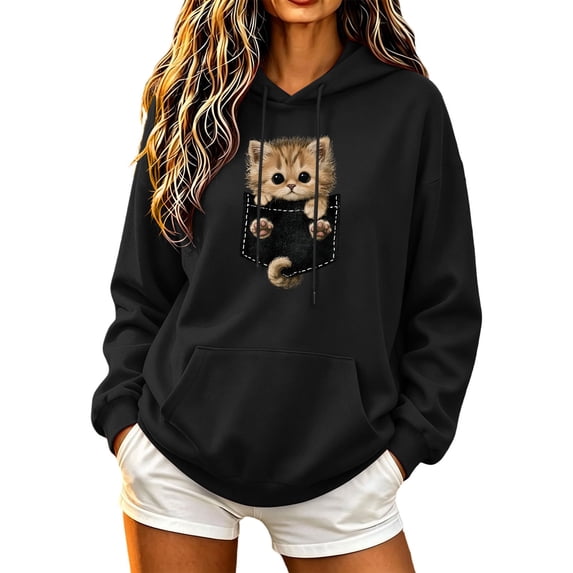 qelini Halloween Hoodies for Women Plus Size Cat Print Tees Sweater Tops Long Sleeve Crew Neck Outfit Holiday