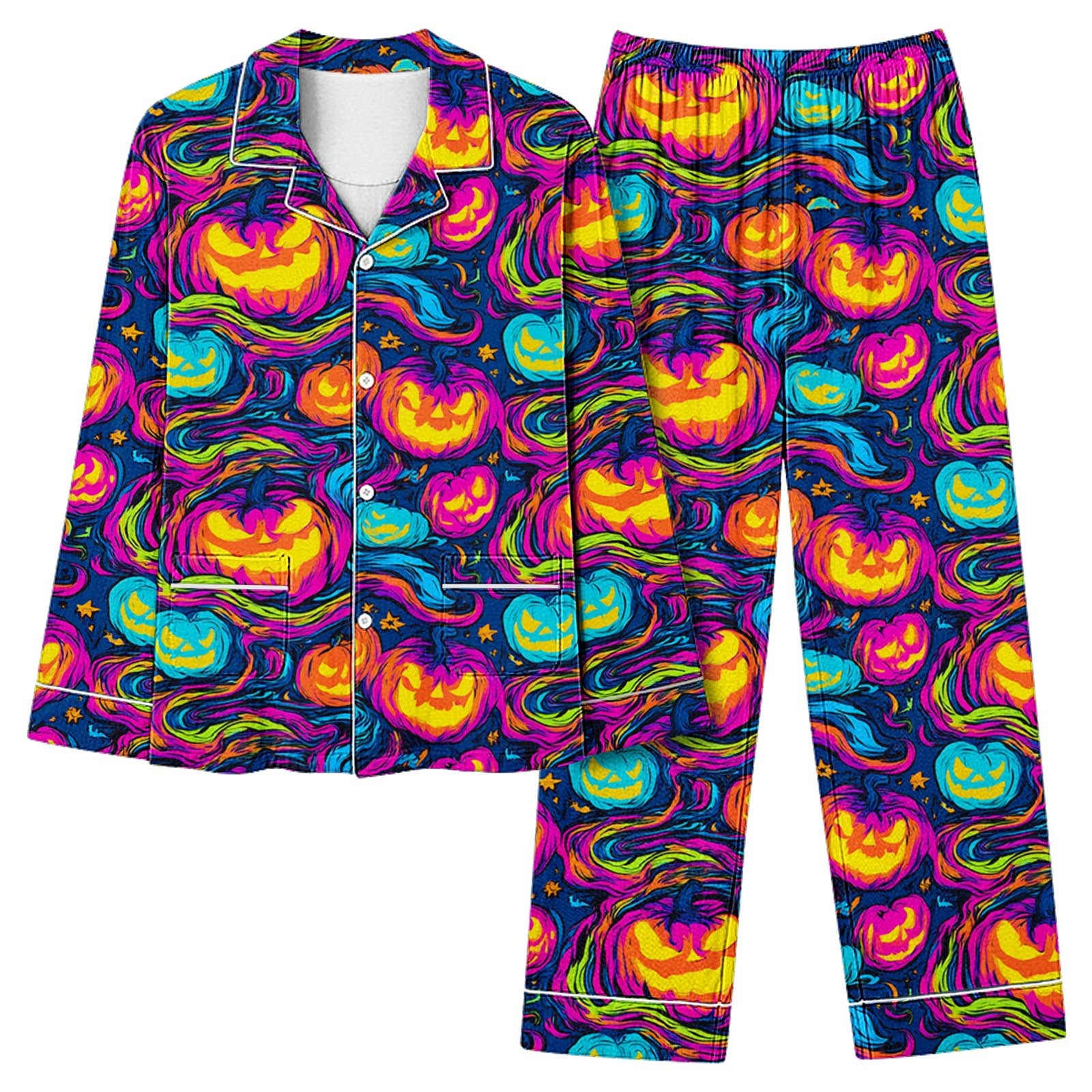 qelini Halloween Lounge Sets Women Plus Size Long Sleeve Top & Lounge Pants 2 Piece Sleepwear with Drawstring Ptint Loungewear