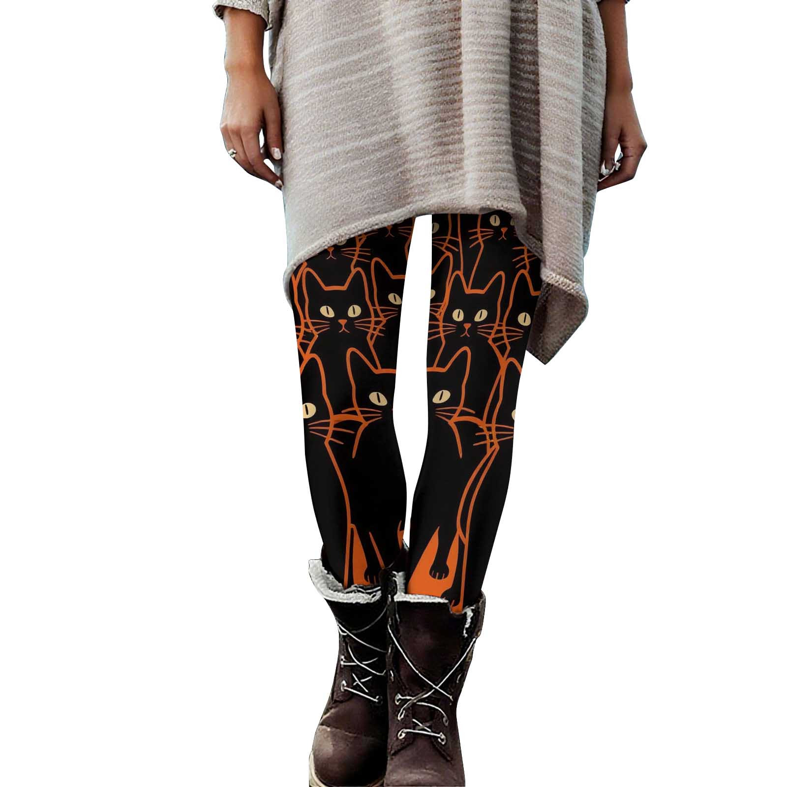 qelini Halloween Pants for Women Plus Size Elastic Waist Tights Halloween Print Long Pants for Fitness Running & Casual Wear