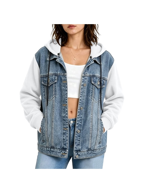 Denim Patchwork Jacket for Women Plus Size Long Shirt Long Sleeve Hooded Pullover Shirt with Pockets Solid Color Tops for Winter Wear
