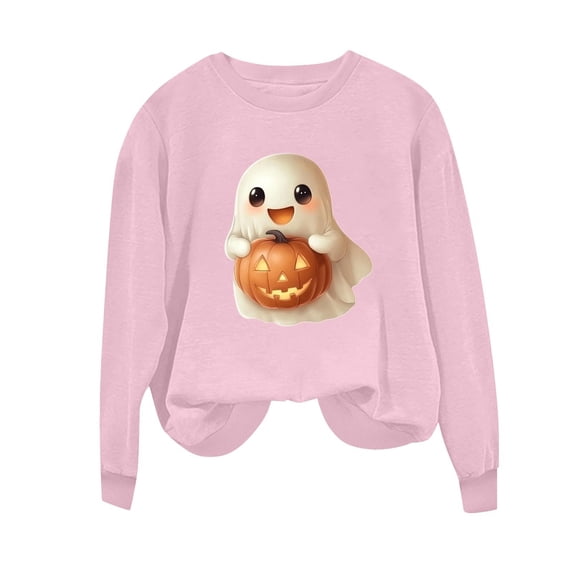 qelini Halloween Pullover Sweatshirt for Women Plus Size Ghost Pumpkin Pullover Sweater Tops Long Sleeve Crew Neck Outfit Holiday