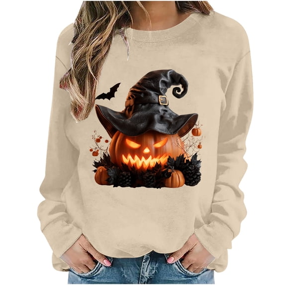 qelini Halloween Pullover Sweatshirt for Women Plus Size V Neck Pumpkin Print Shirts Sweater Tops Long Sleeve Crew Neck Fall Winter Tops