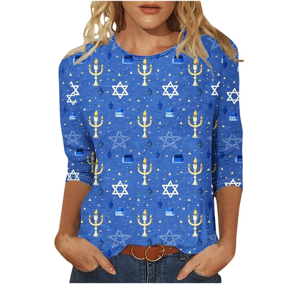qelini Happy Hanukkah Shirt for Womens 3/4 Sleeve Cute Printed Pullover Tops Crewneck Tunic Stylish Holiday Blouses