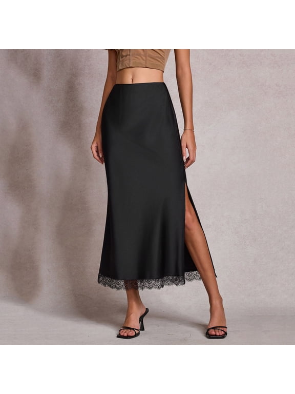High Waist Skirts Women Long Skirt Elastic Waist A-line Skirt Side Slit Lace Patchwork Solid Color Beach Casual Skirt