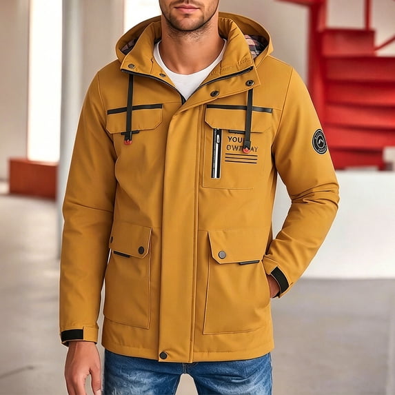 qelini Hood Jackets for Men with Zip Big and Tall Long Sleeve Zipper Removable Hood Coat with Drawstring & Pockets Solid Color Jacket Lightweight