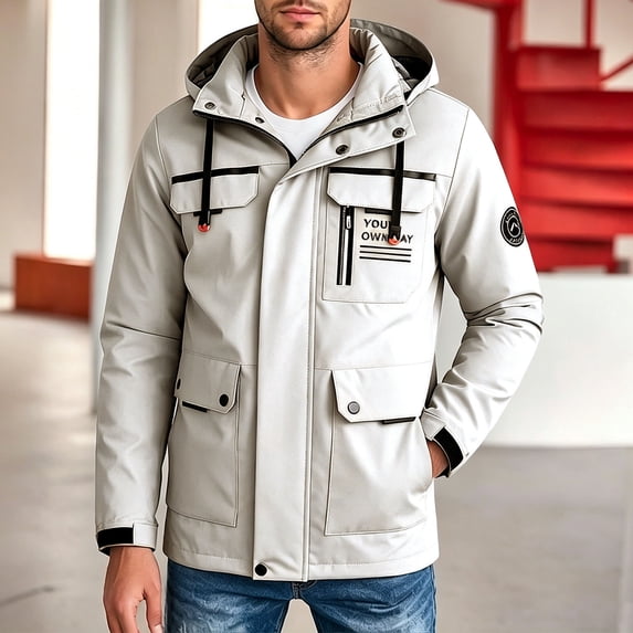 qelini Hood Jackets for Men with Zip Big and Tall Long Sleeve Zipper Removable Hood Coat with Drawstring & Pockets Solid Color Jacket Lightweight